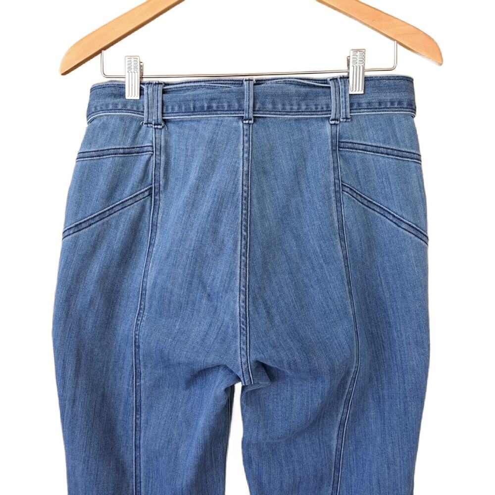 EXPRESS Bell Flare Super High Rise Jeans Size 8 Medium Blue Belted Stretch - Picture 5 of 9